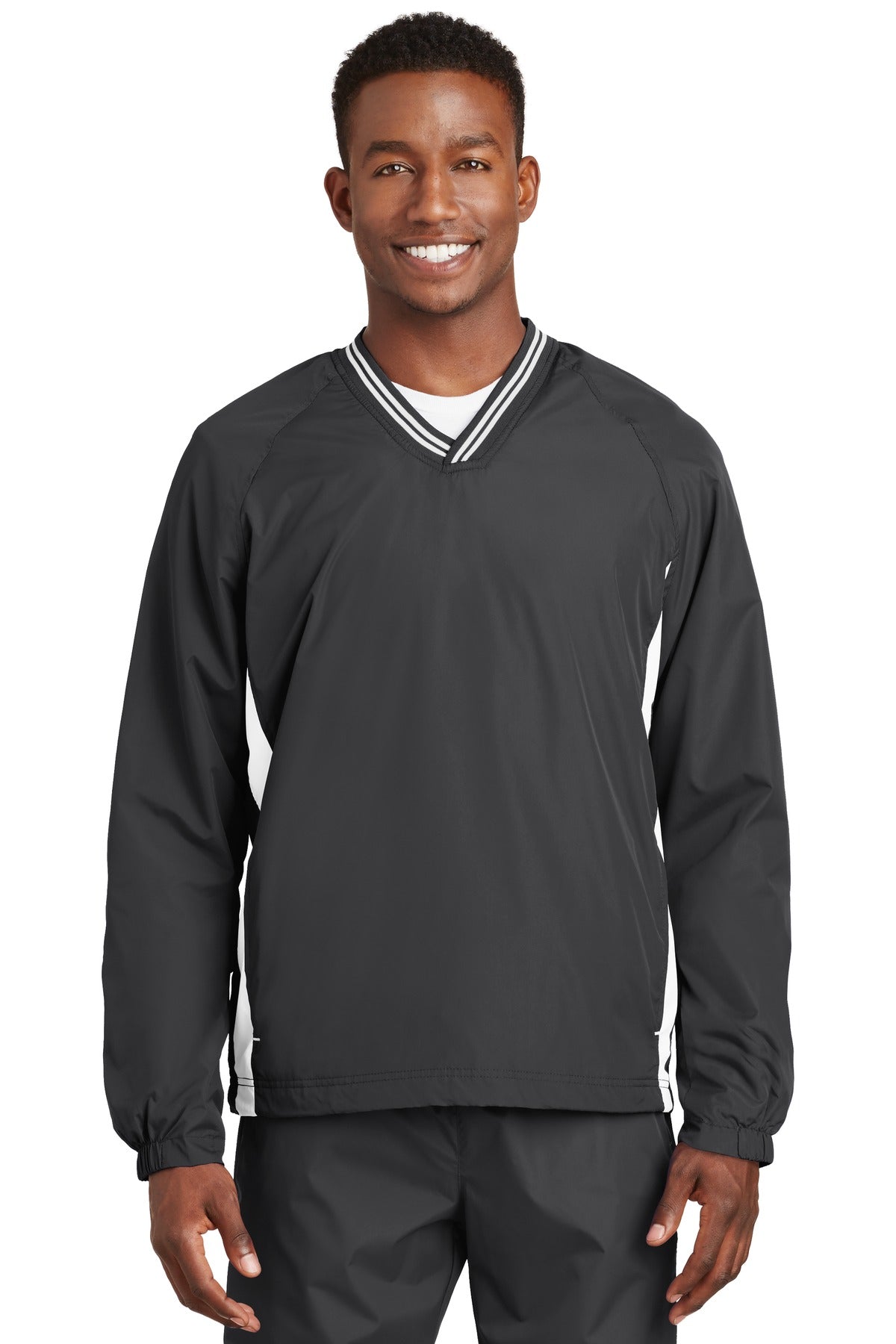 Front View of Graphite/White Sport-Tek Tipped V-Neck Raglan Wind Shirt. JST62