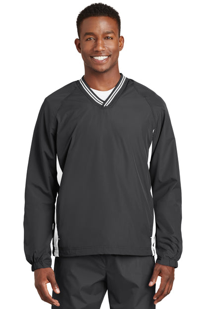 Front View of Graphite/White Sport-Tek Tipped V-Neck Raglan Wind Shirt. JST62