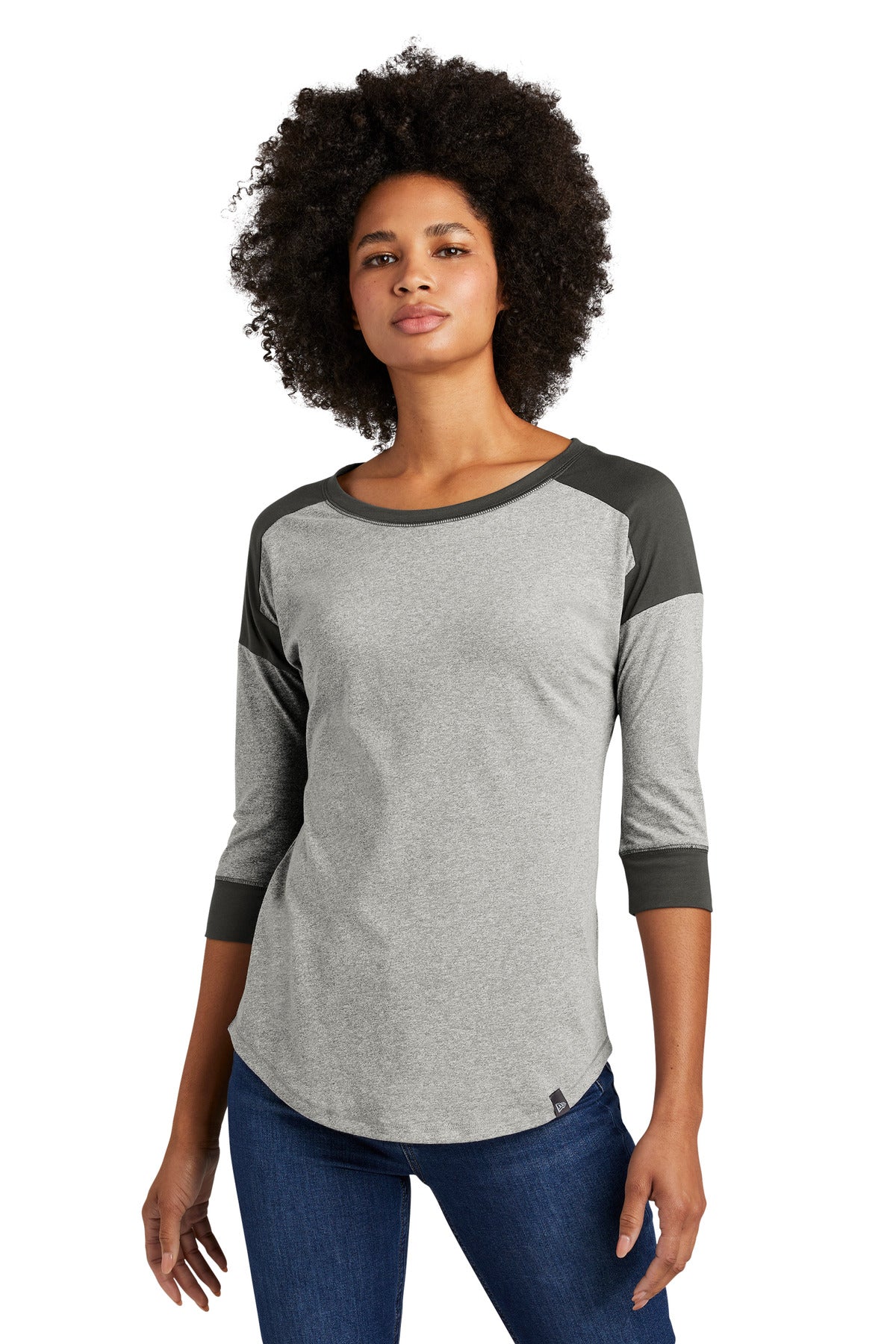 Front View of Graph/Lt GrphT New Era Women's Heritage Blend 3/4-Sleeve Baseball Raglan Tee. LNEA104
