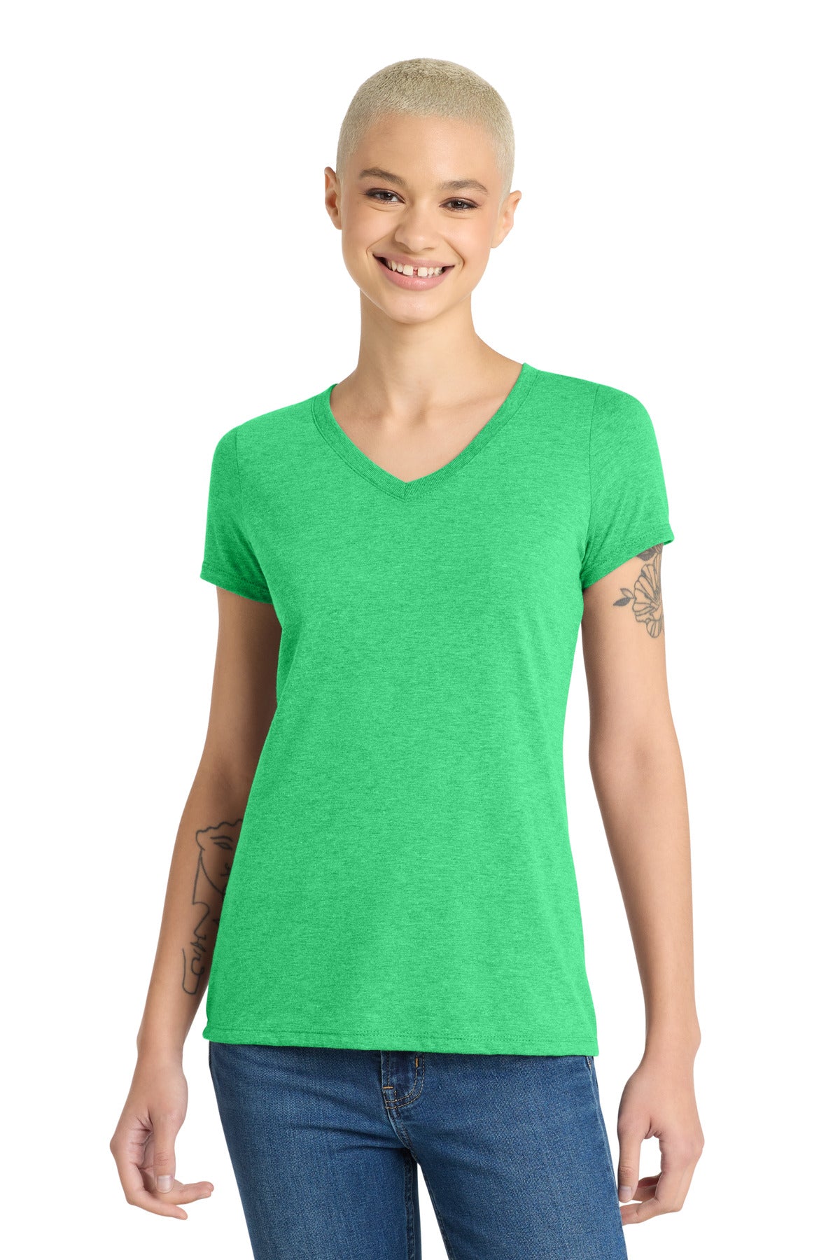 Front View of Green Frost District Women's Perfect Tri V-Neck Tee. DM1350L