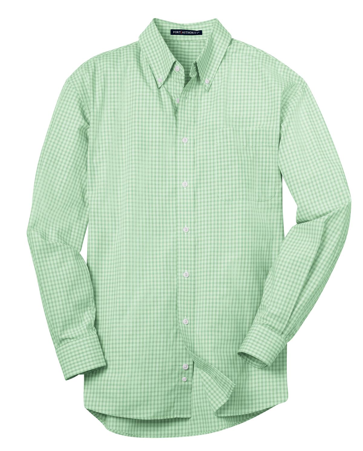 Front View of Green Port Authority Plaid Pattern Easy Care Shirt. S639
