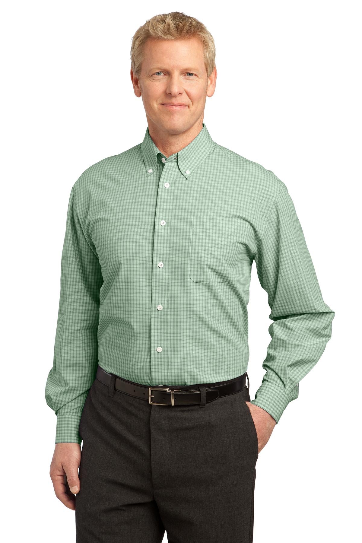 Front View of Green Port Authority Plaid Pattern Easy Care Shirt. S639