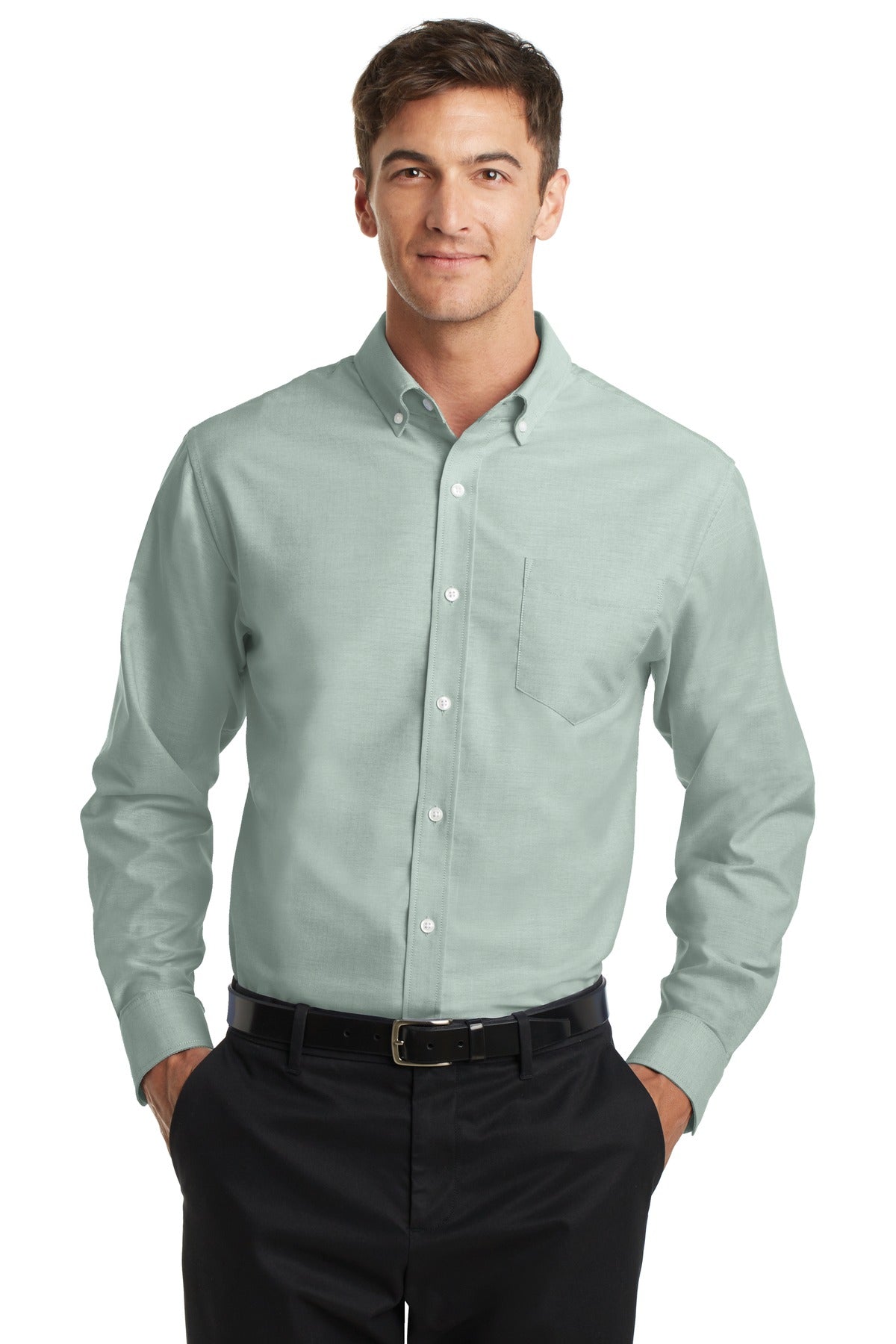 Front View of Green Port Authority SuperPro Oxford Shirt. S658