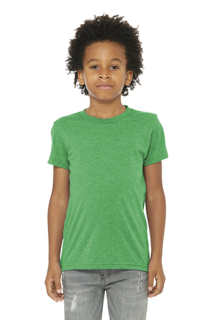 Front View of Green TB BELLA+CANVAS Youth Triblend Short Sleeve Tee. BC3413Y