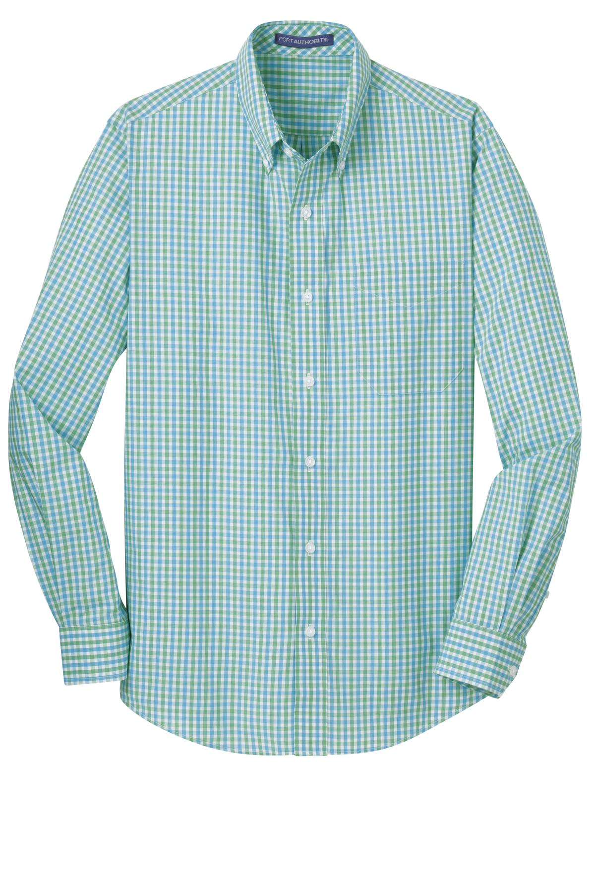 Front View of Green/Aqua Port Authority Long Sleeve Gingham Easy Care Shirt. S654