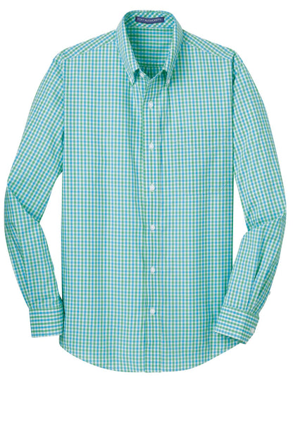Front View of Green/Aqua Port Authority Long Sleeve Gingham Easy Care Shirt. S654