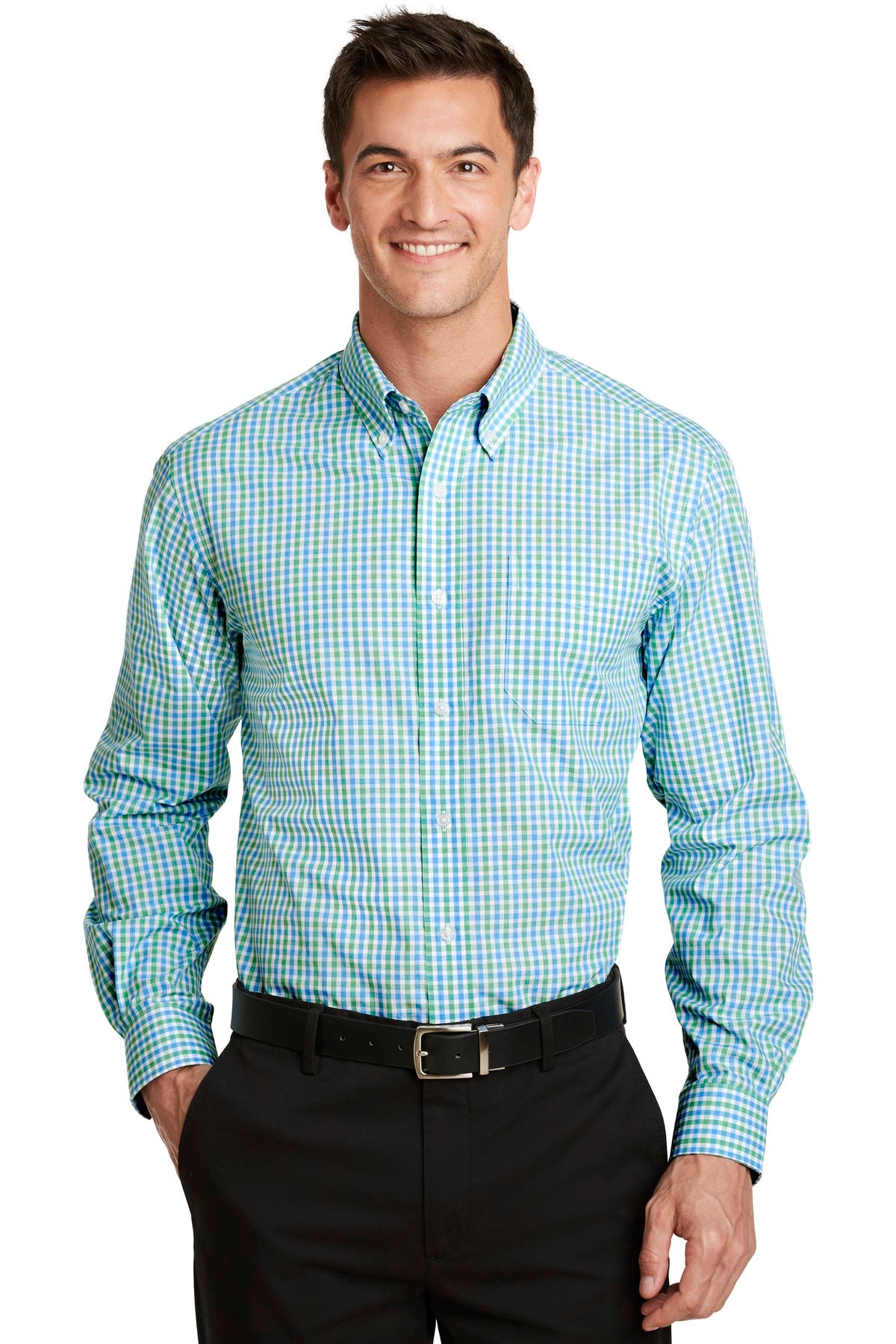 Front View of Green/Aqua Port Authority Long Sleeve Gingham Easy Care Shirt. S654
