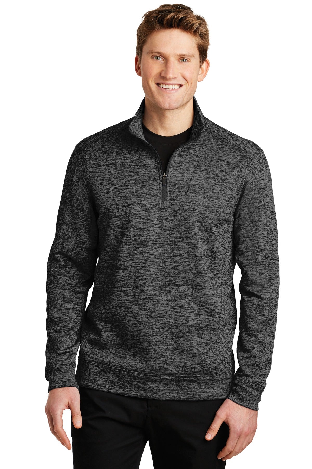 Front View of Grey-Black Ele Sport-Tek PosiCharge Electric Heather Fleece 1/4-Zip Pullover. ST226