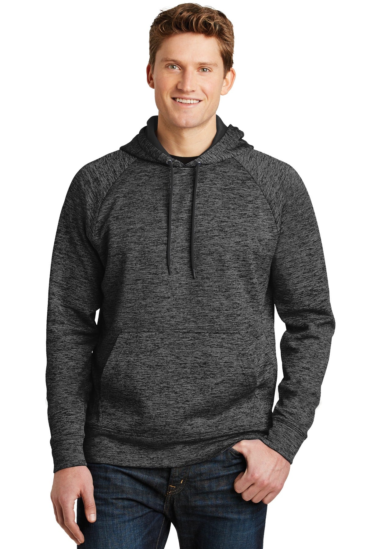 Front View of Grey-Black Ele Sport-Tek PosiCharge Electric Heather Fleece Hooded Pullover. ST225
