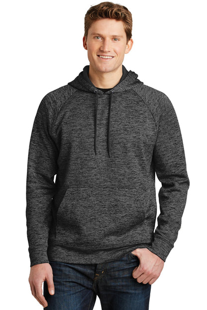 Front View of Grey-Black Ele Sport-Tek PosiCharge Electric Heather Fleece Hooded Pullover. ST225