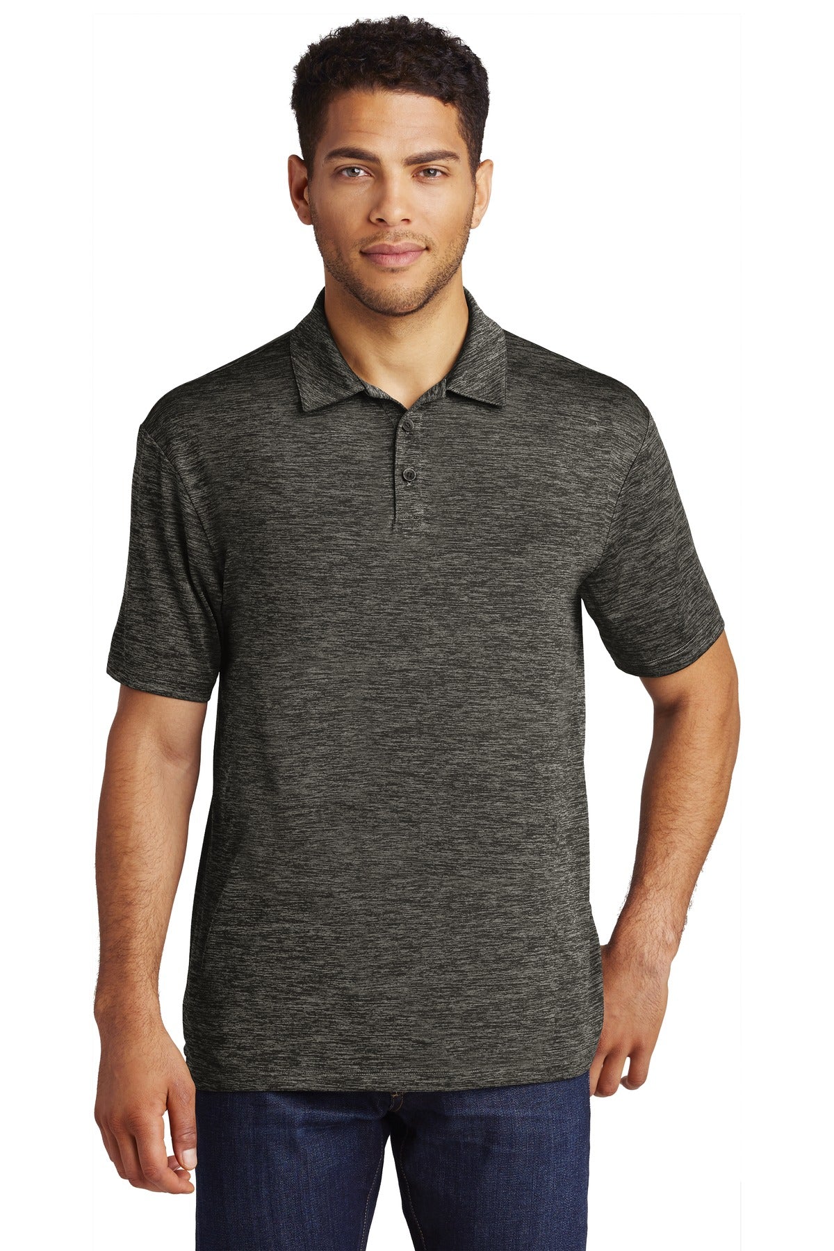 Front View of Grey-Black Ele Sport-Tek PosiCharge Electric Heather Polo. ST590