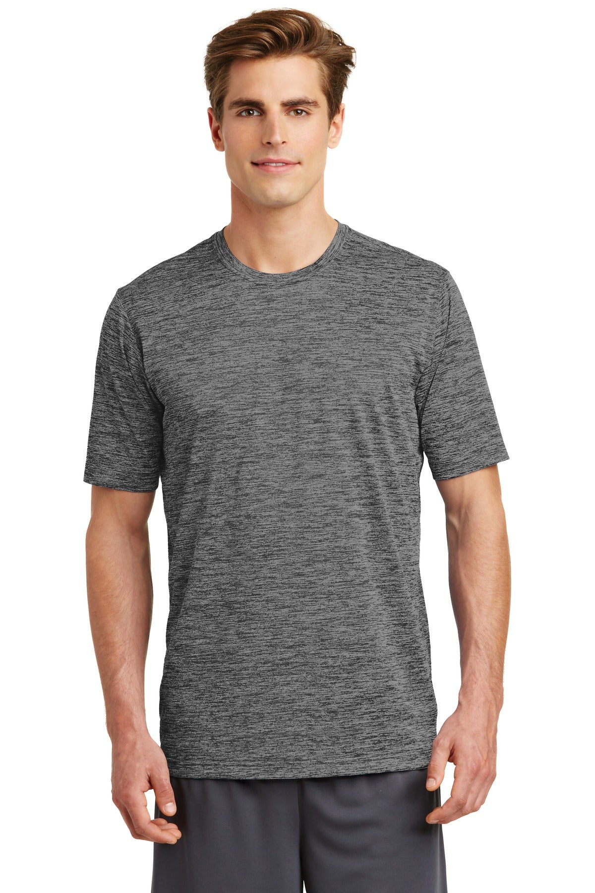 Front View of Grey Black Ele Sport-Tek PosiCharge Electric Heather Tee. ST390