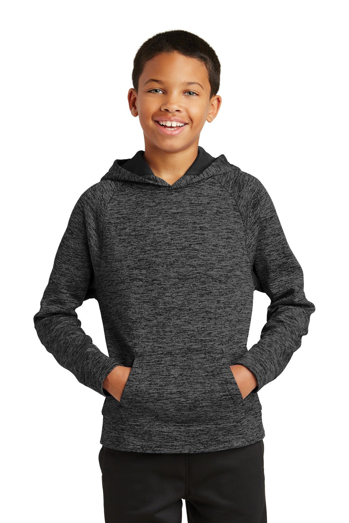Front View of Grey-Black Ele Sport-Tek Youth PosiCharge Electric Heather Fleece Hooded Pullover. YST225