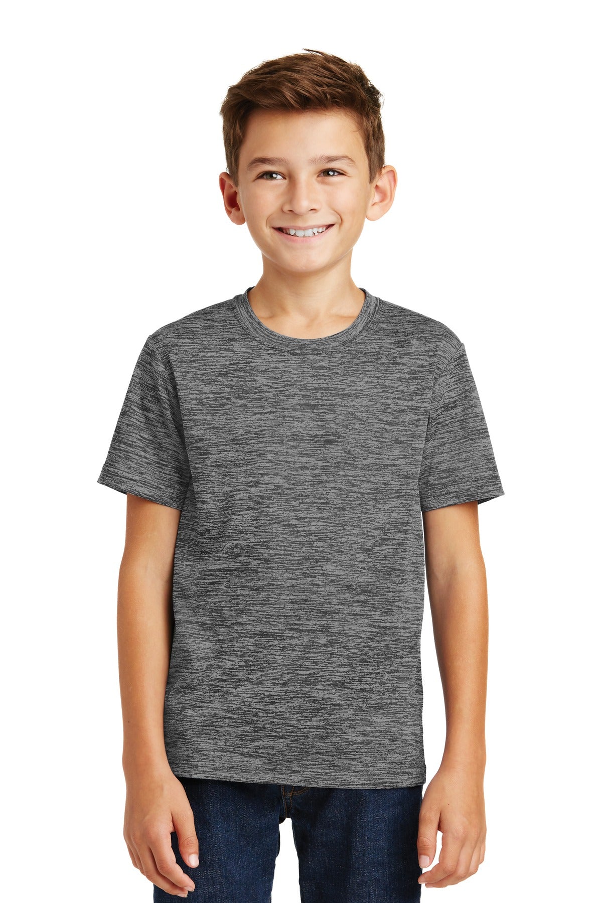 Front View of Grey Black Ele Sport-Tek Youth PosiCharge Electric Heather Tee. YST390