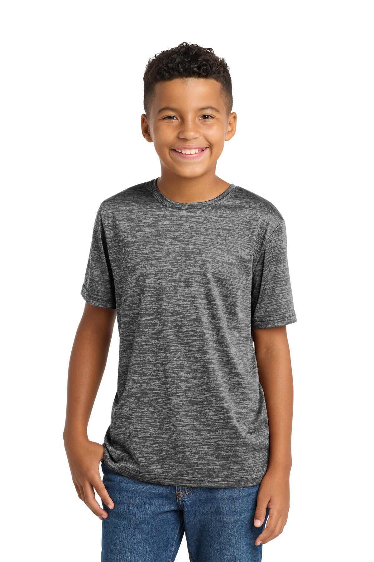Front View of Grey Black Ele Sport-Tek Youth PosiCharge Electric Heather Tee. YST390