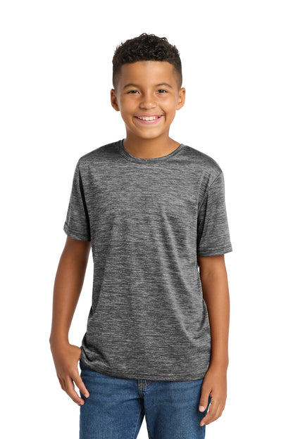 Front View of Grey Black Ele Sport-Tek Youth PosiCharge Electric Heather Tee. YST390