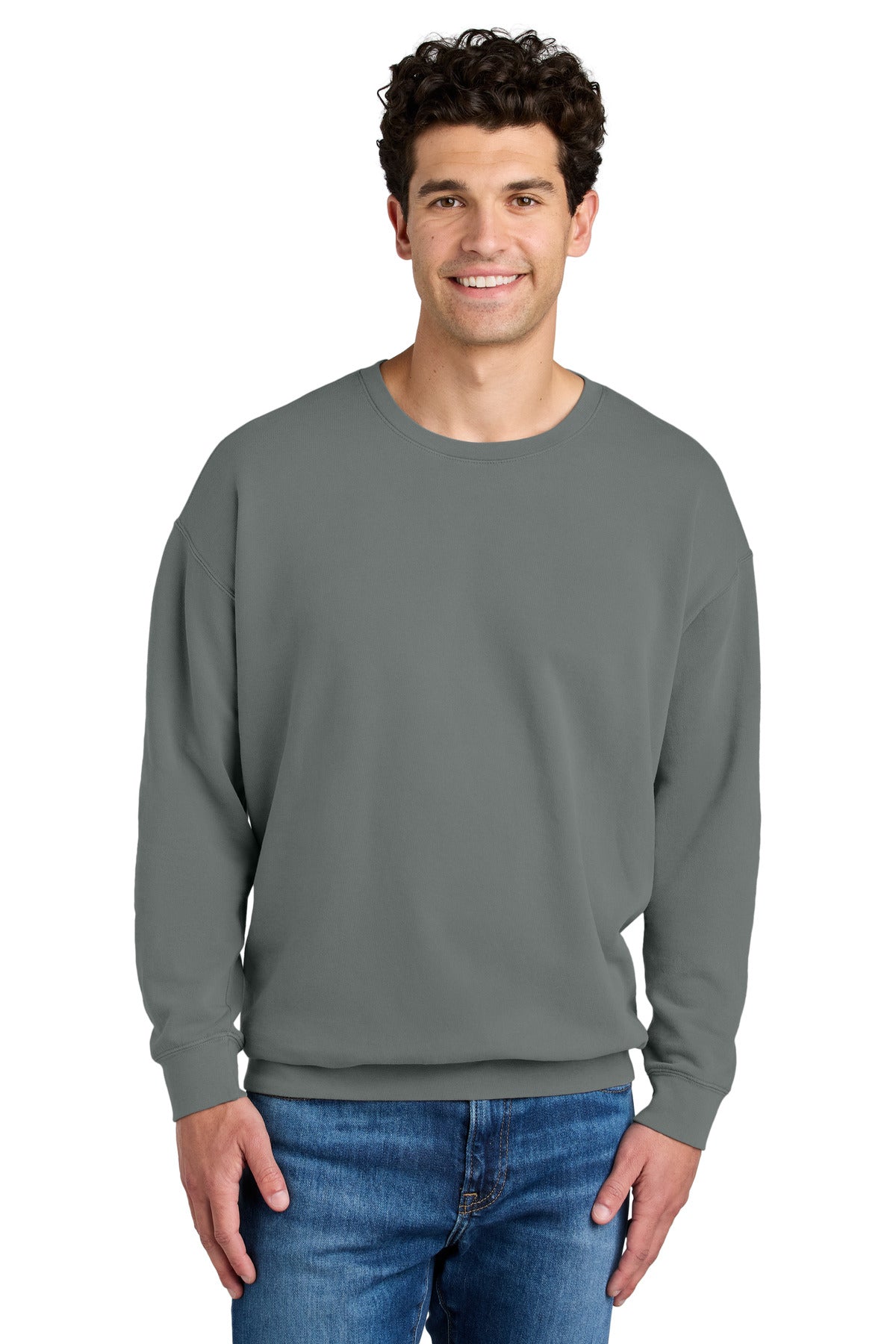 Front View of Grey Comfort Colors Lightweight Crewneck Sweatshirt 1466