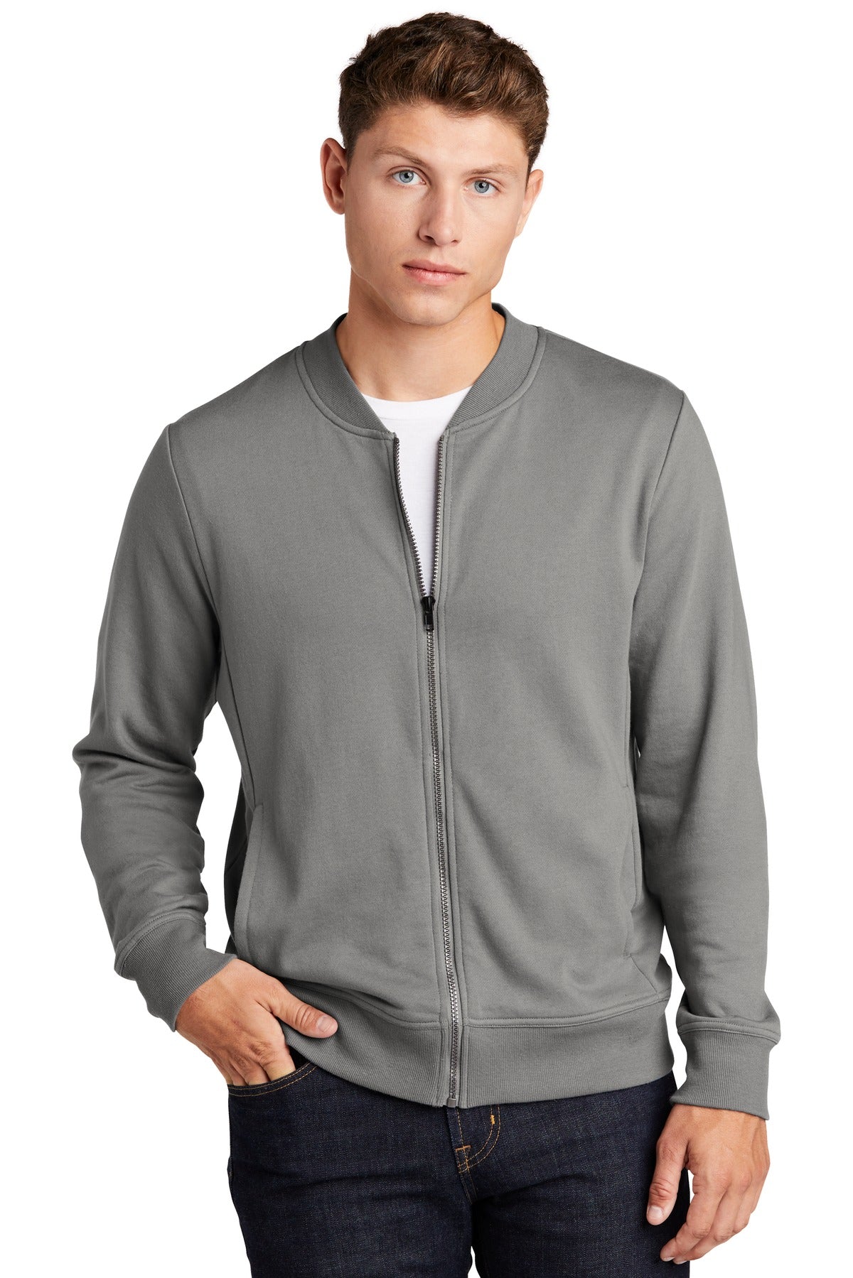 Front View of Grey Concrete Sport-Tek Lightweight French Terry Bomber. ST274