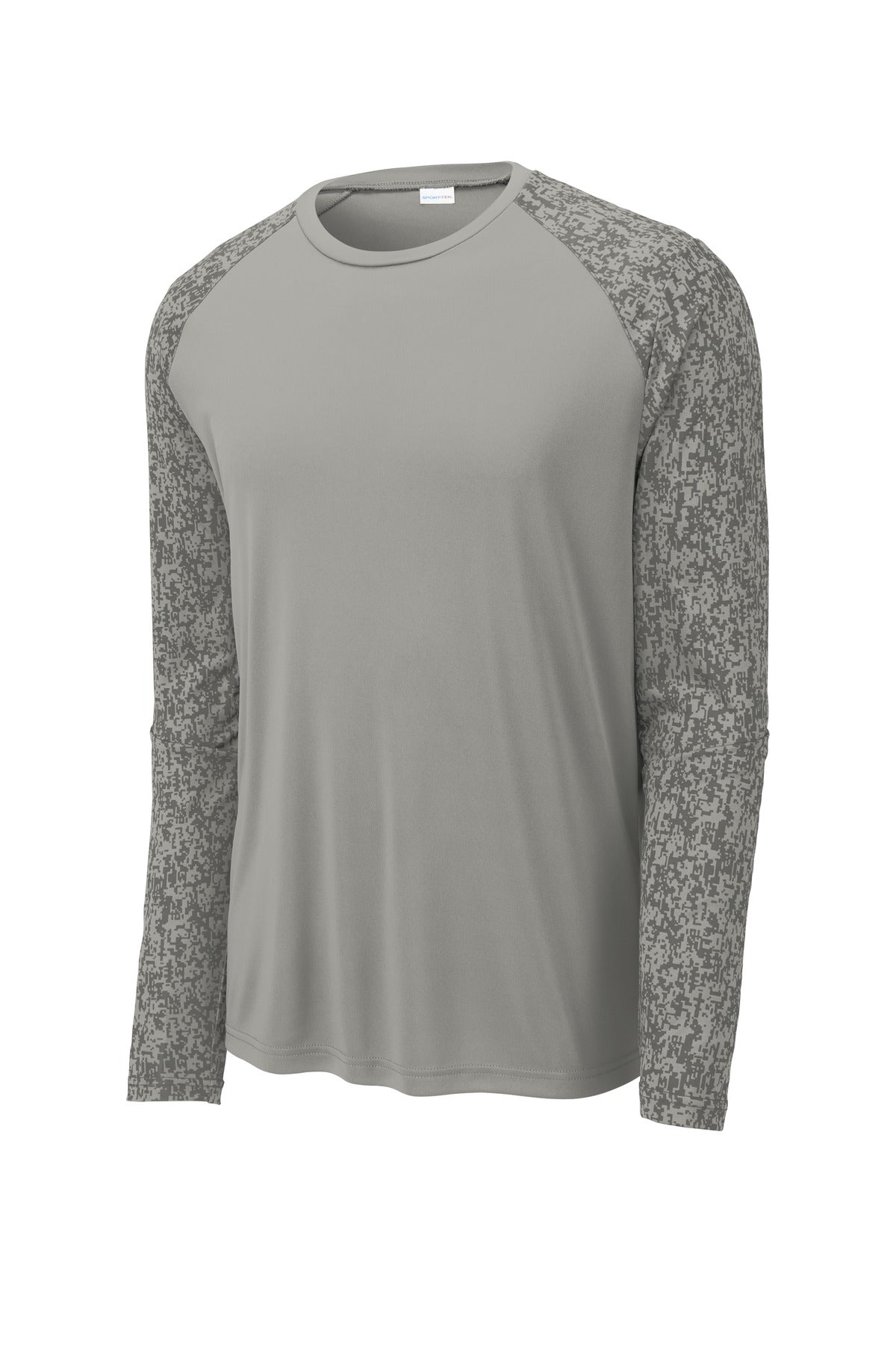 Front View of Grey Concrete Sport-Tek Long Sleeve Digi Camo Tee. ST460LS