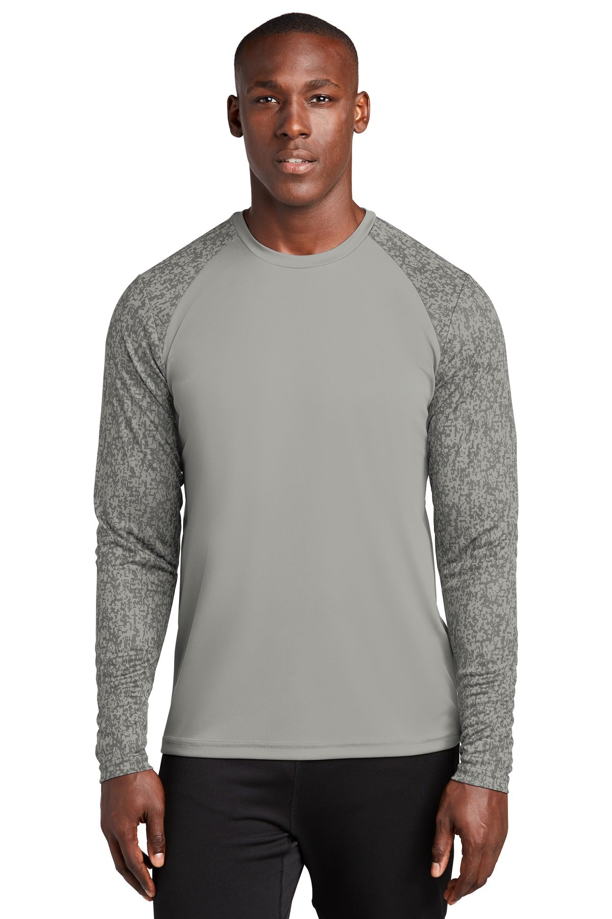Front View of Grey Concrete Sport-Tek Long Sleeve Digi Camo Tee. ST460LS