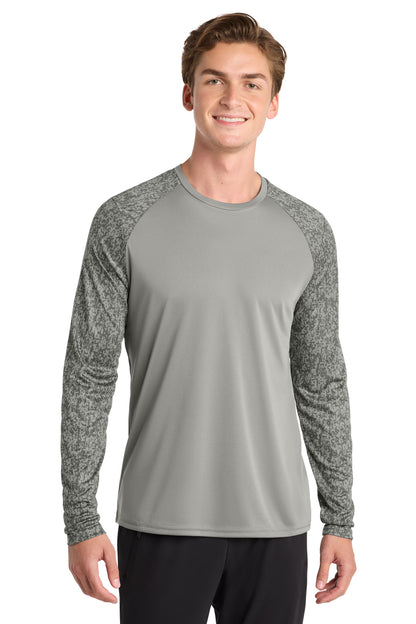 Front View of Grey Concrete Sport-Tek Long Sleeve Digi Camo Tee. ST460LS