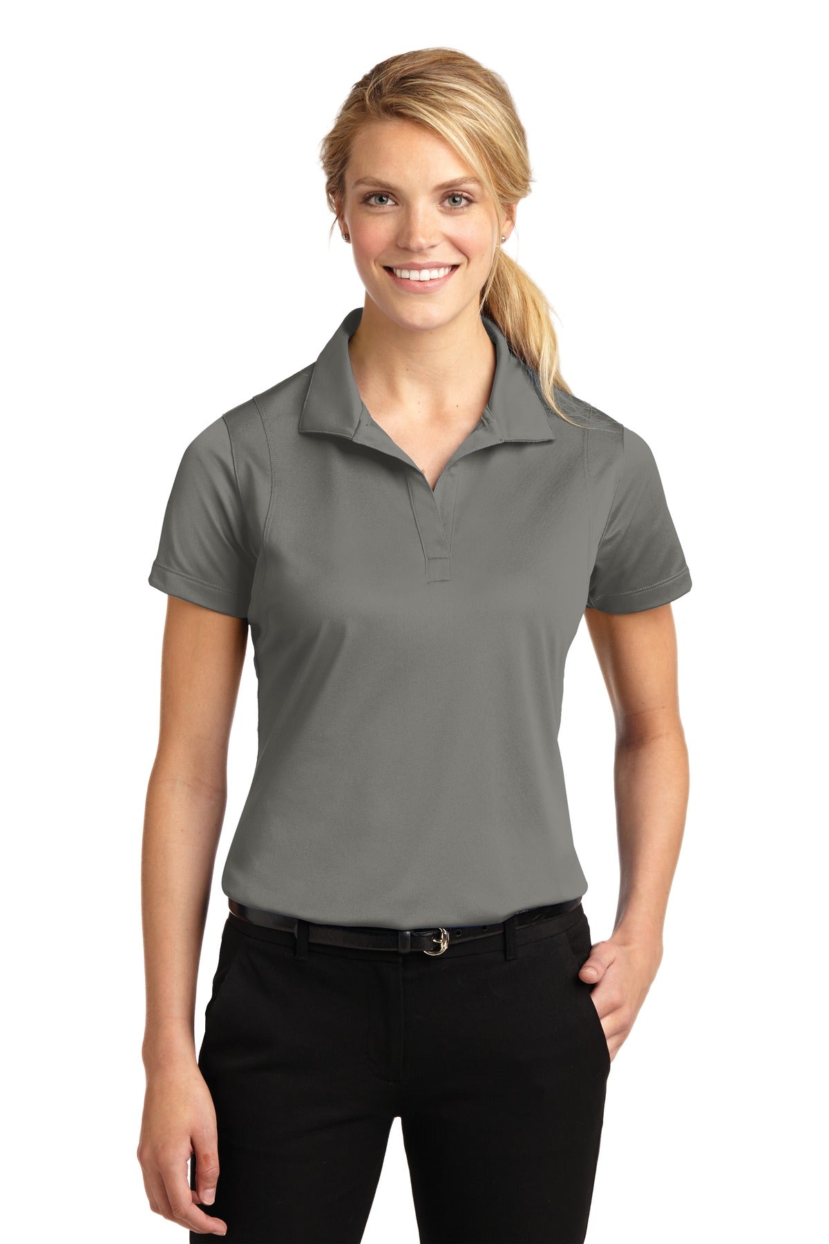 Front View of Grey Concrete Sport-Tek Women's Micropique Sport-Wick Polo. LST650