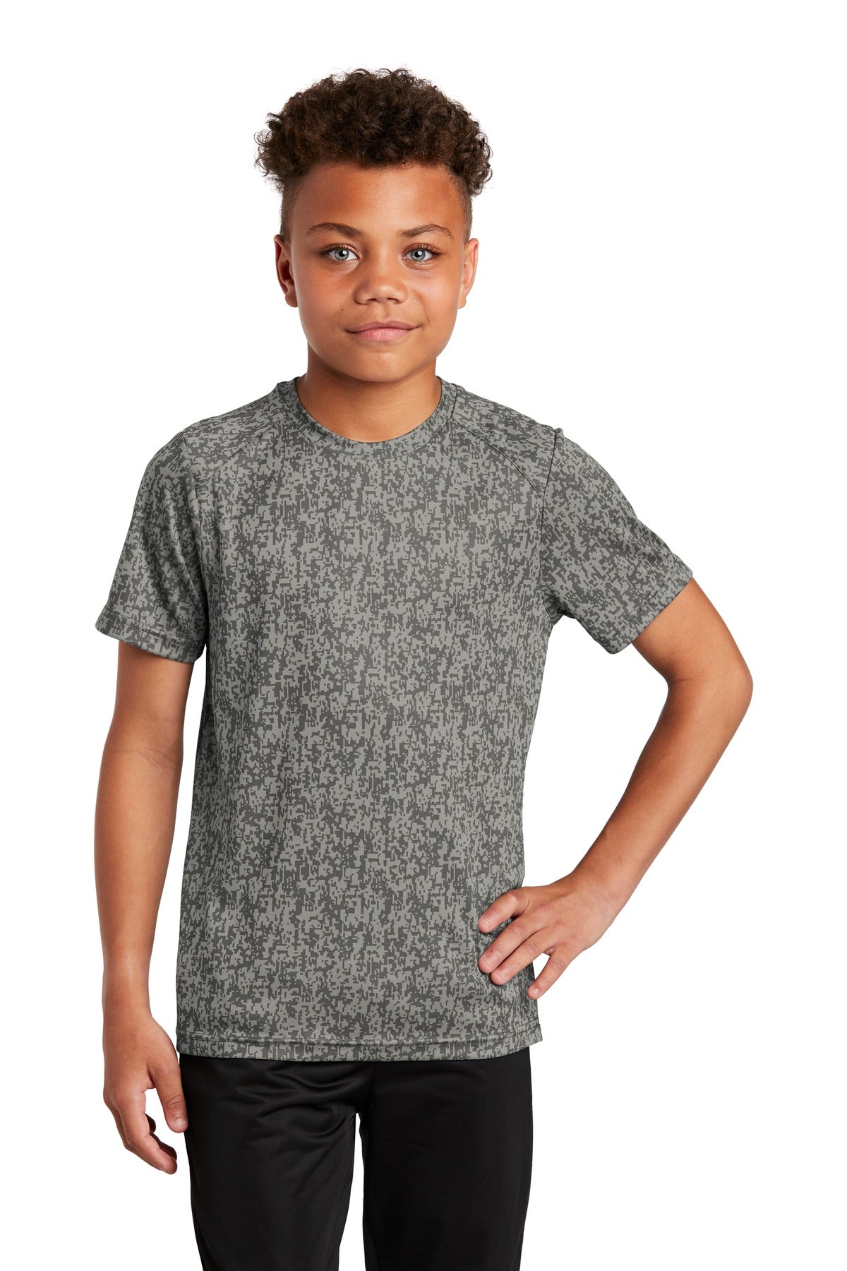 Front View of Grey Concrete Sport-Tek Youth Digi Camo Tee. YST460