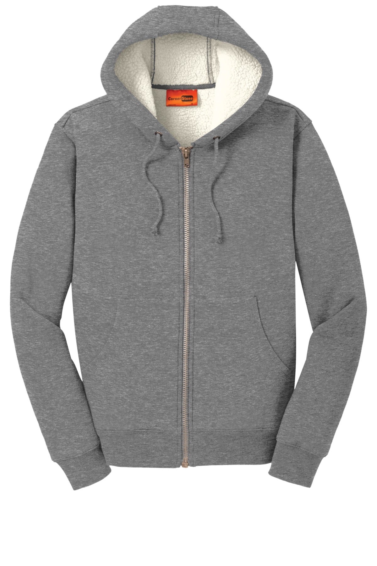 Front View of Grey CornerStone Heavyweight Sherpa-Lined Hooded Fleece Jacket. CS625
