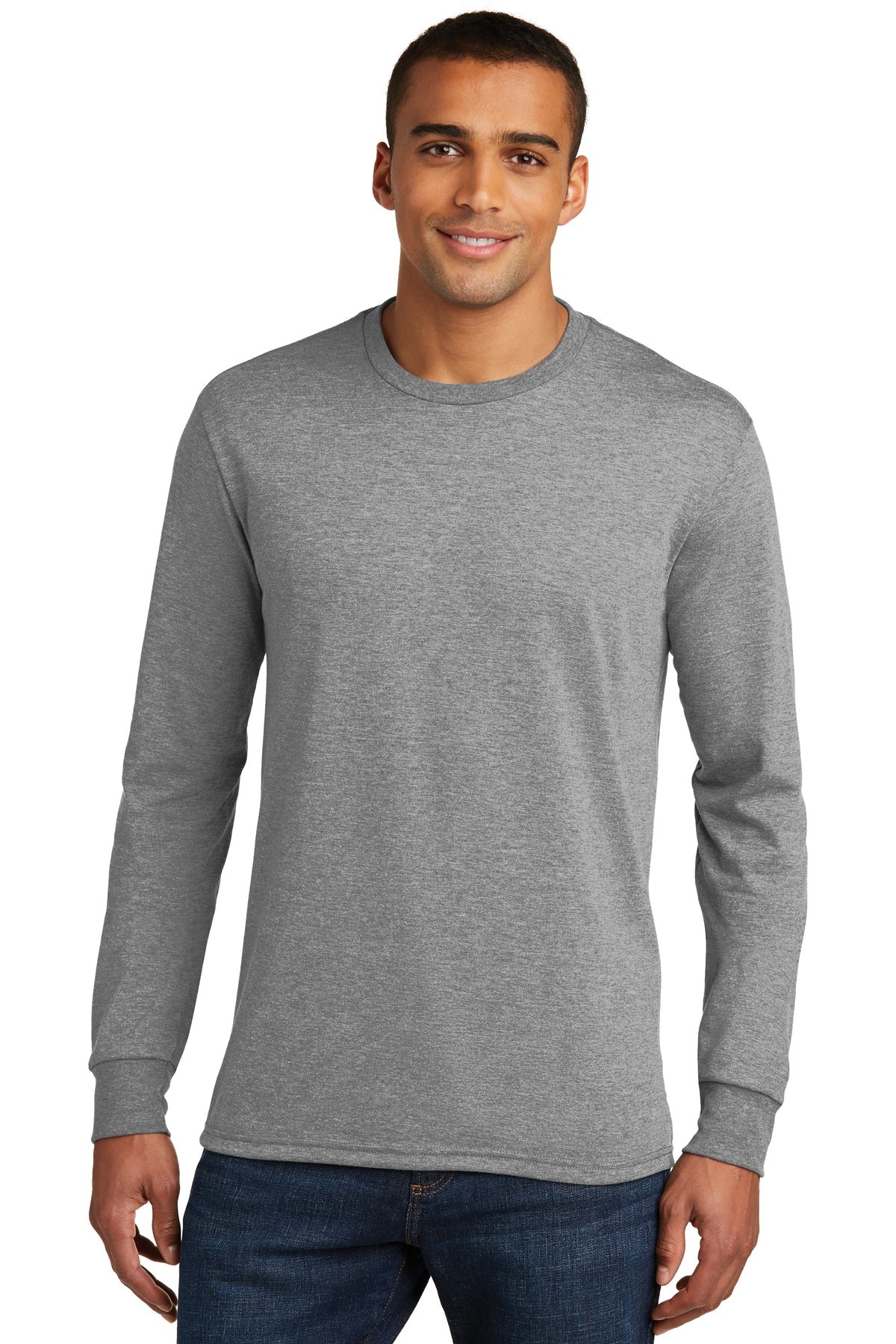 Front View of Grey Frost District Perfect Tri Long Sleeve Tee . DM132
