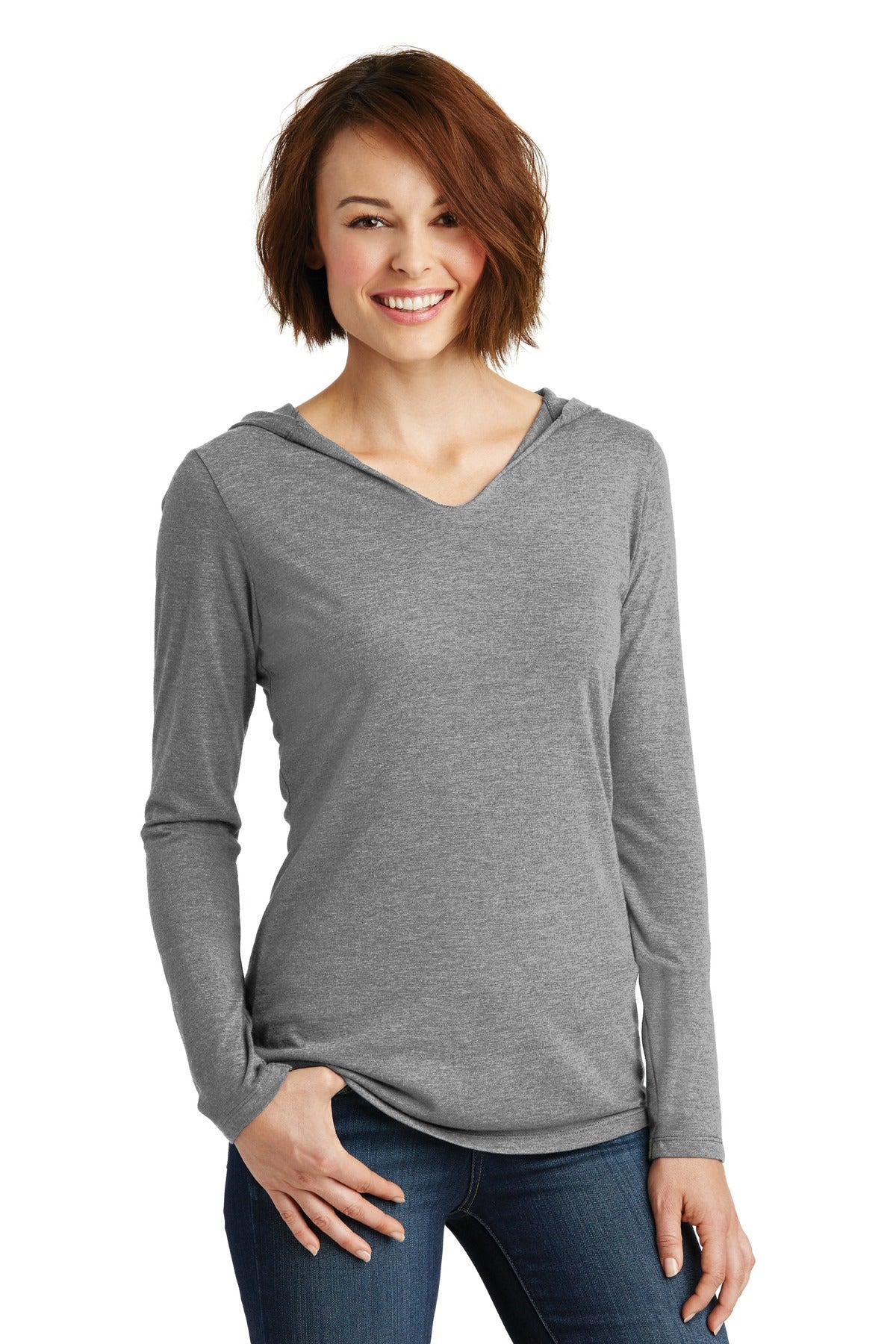 Front View of Grey Frost District Women's Perfect Tri Long Sleeve Hoodie. DM139L