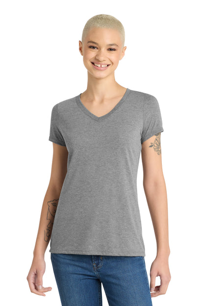 Front View of Grey Frost District Women's Perfect Tri V-Neck Tee. DM1350L