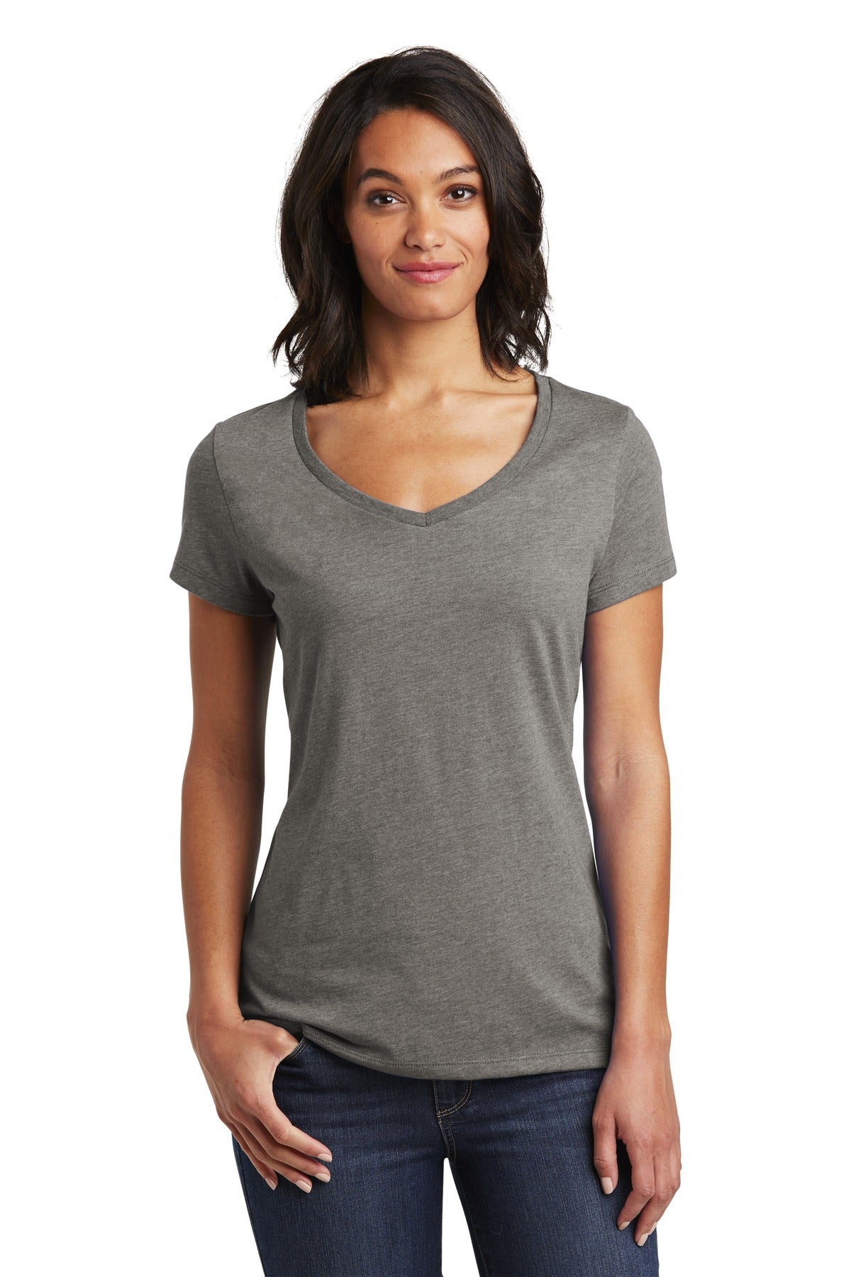 Front View of Grey Frost District Women's Very Important Tee V-Neck. DT6503