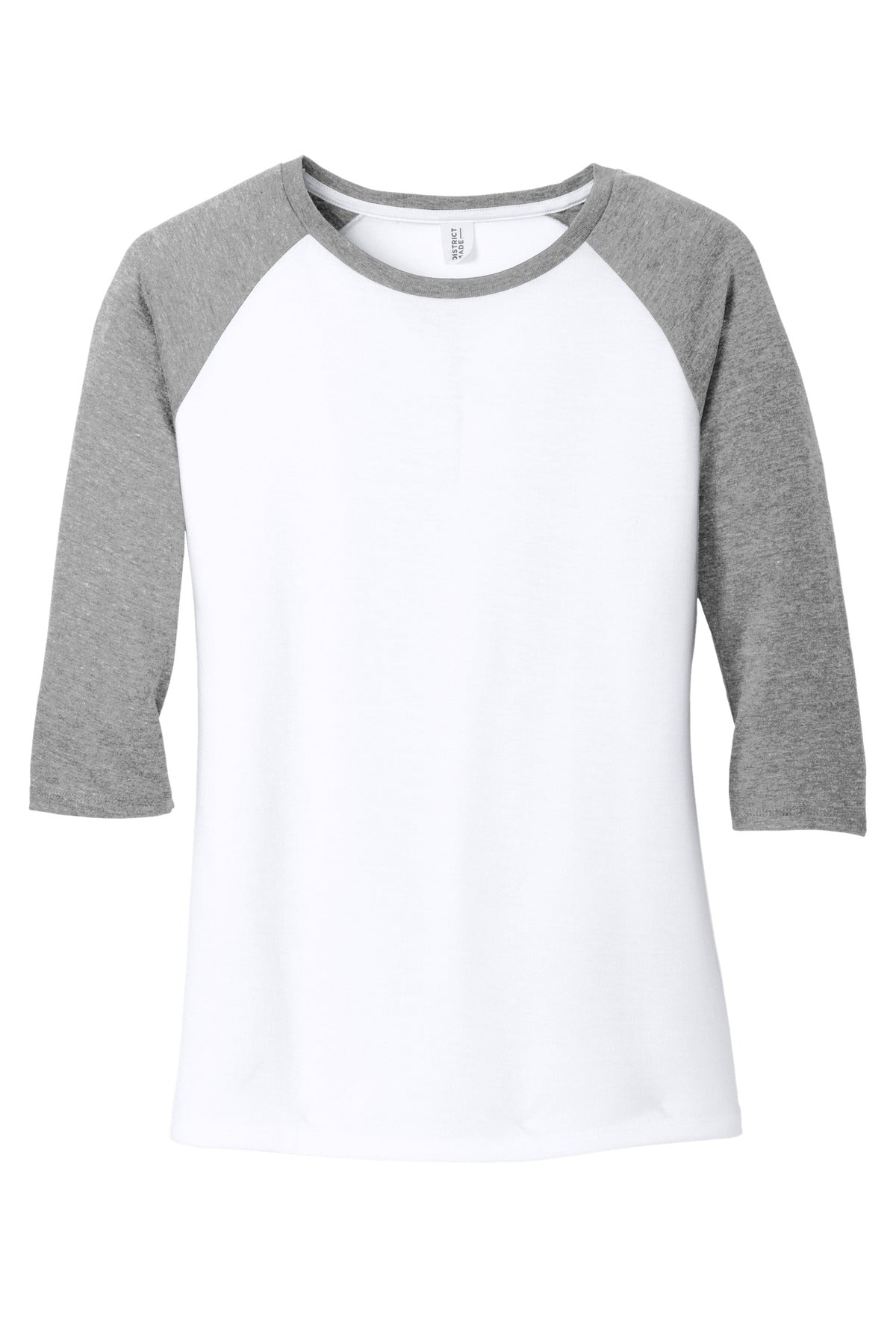 Front View of Grey Fr/White District Women's Perfect Tri 3/4-Sleeve Raglan. DM136L
