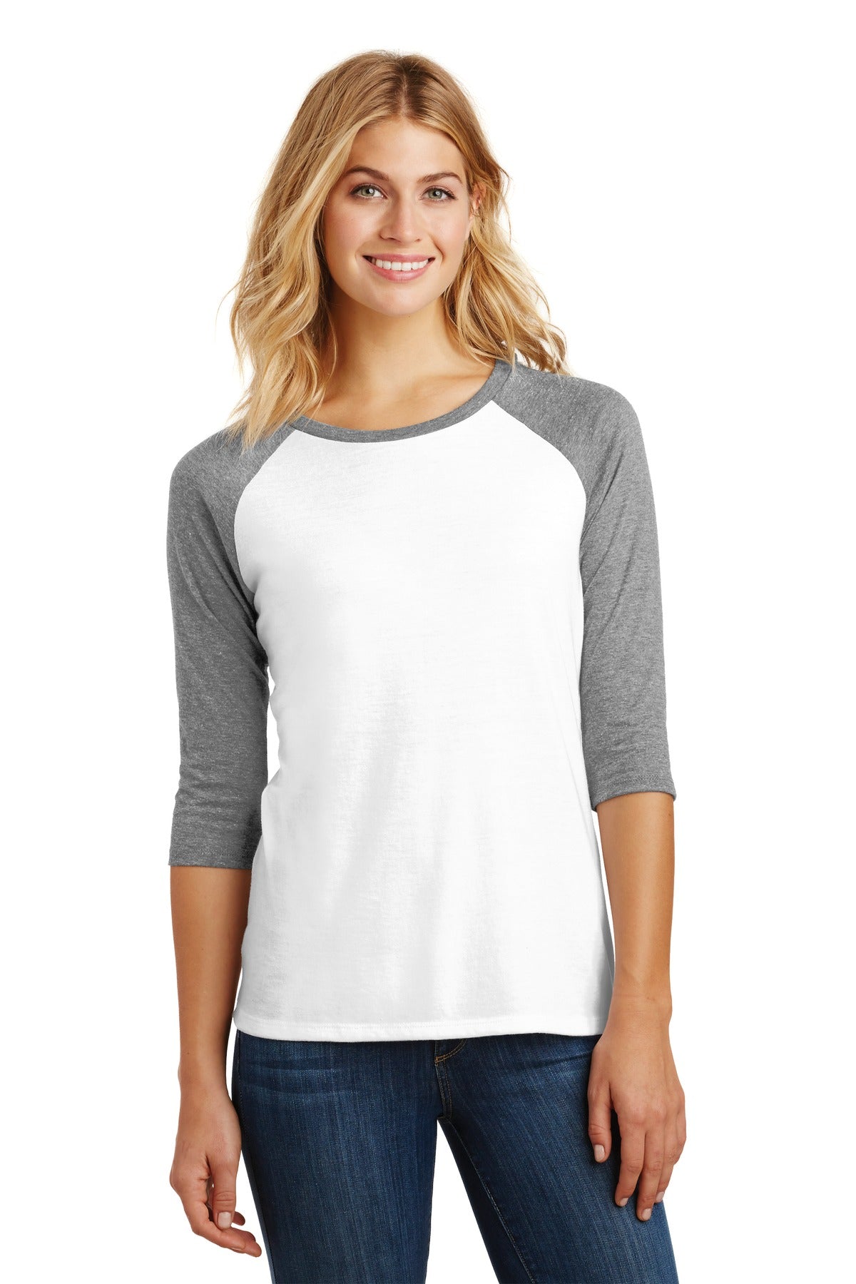 Front View of Grey Fr/White District Women's Perfect Tri 3/4-Sleeve Raglan. DM136L