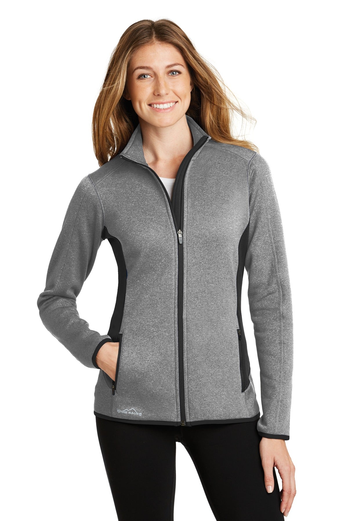 Front View of Grey Heather Eddie Bauer Women's Full-Zip Heather Stretch Fleece Jacket. EB239