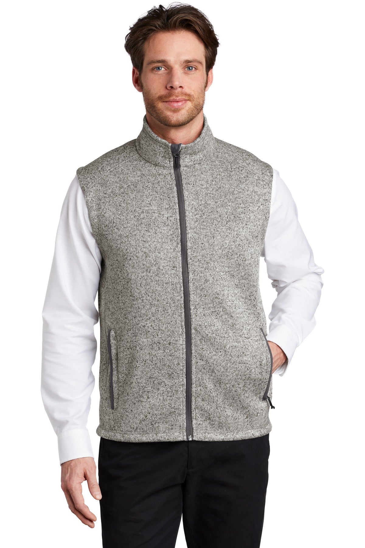 Front View of Grey Heather Port Authority Sweater Fleece Vest F236
