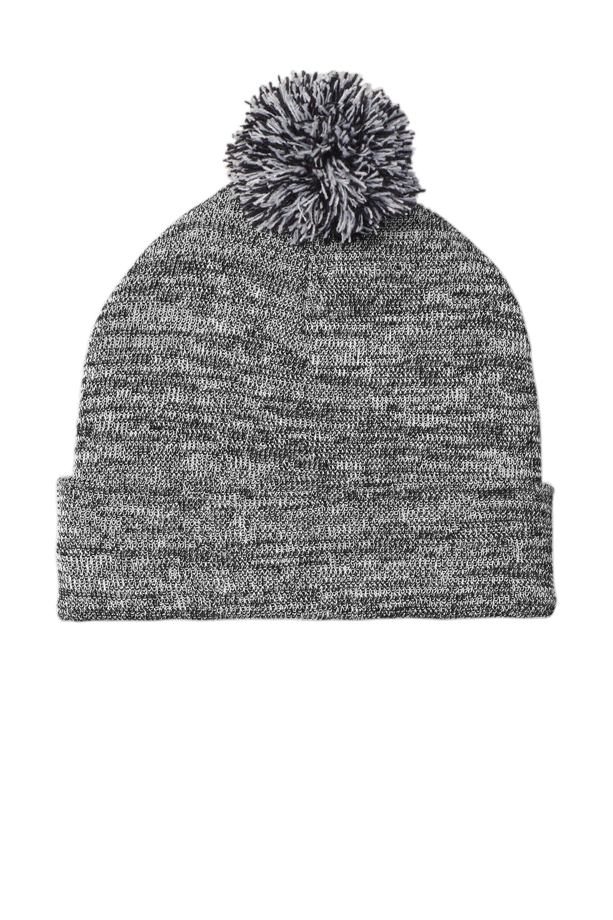 Front View of Grey Heather Sport-Tek Heather Pom Pom Beanie STC41
