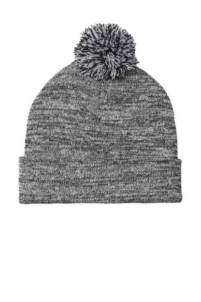 Front View of Grey Heather Sport-Tek Heather Pom Pom Beanie STC41