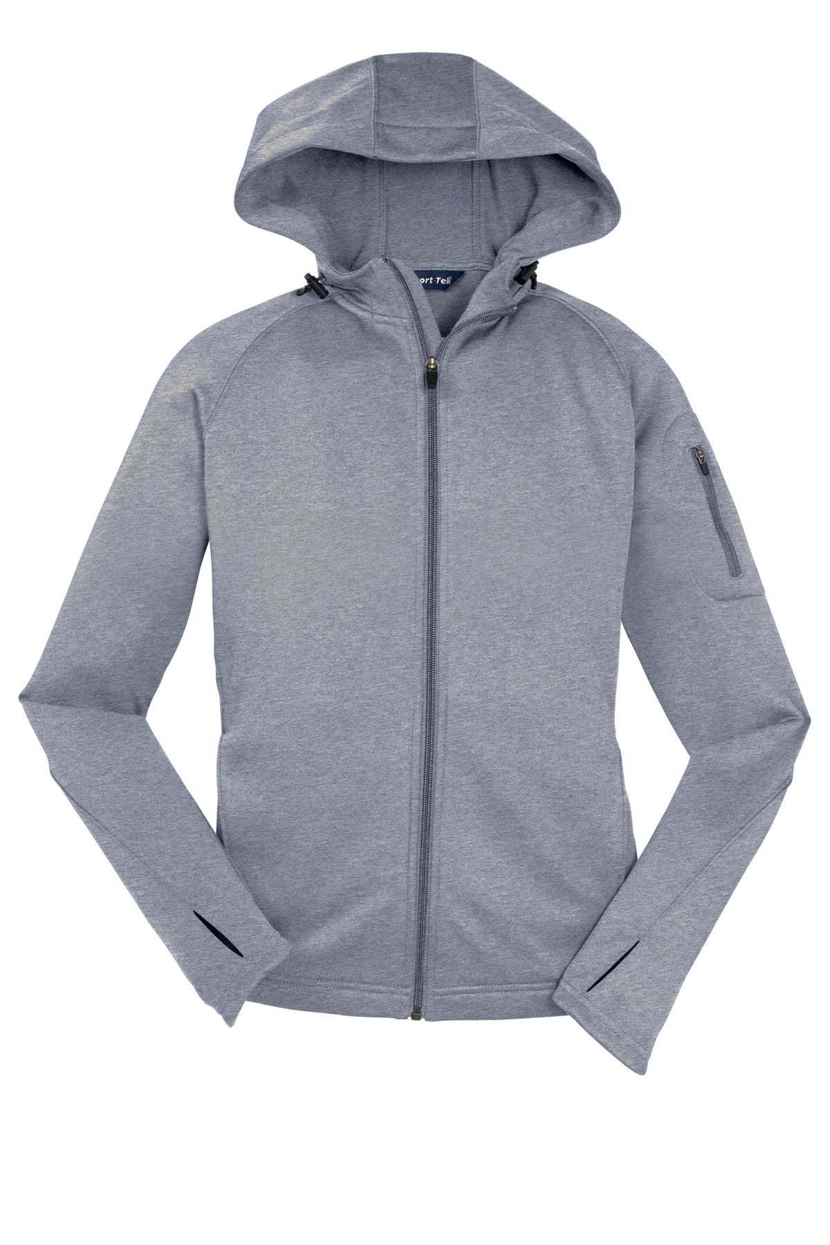 Front View of Grey Heather Sport-Tek Women's Tech Fleece Full-Zip Hooded Jacket. L248