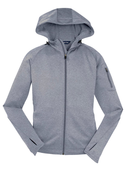 Front View of Grey Heather Sport-Tek Women's Tech Fleece Full-Zip Hooded Jacket. L248