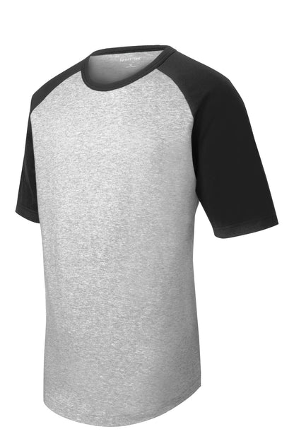 Front View of Grey He/Black Sport-Tek Youth Short Sleeve Colorblock Raglan Jersey. YT201