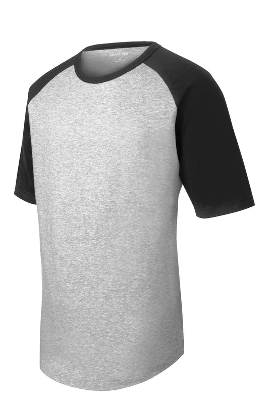 Front View of Grey He/Black Sport-Tek Youth Short Sleeve Colorblock Raglan Jersey. YT201