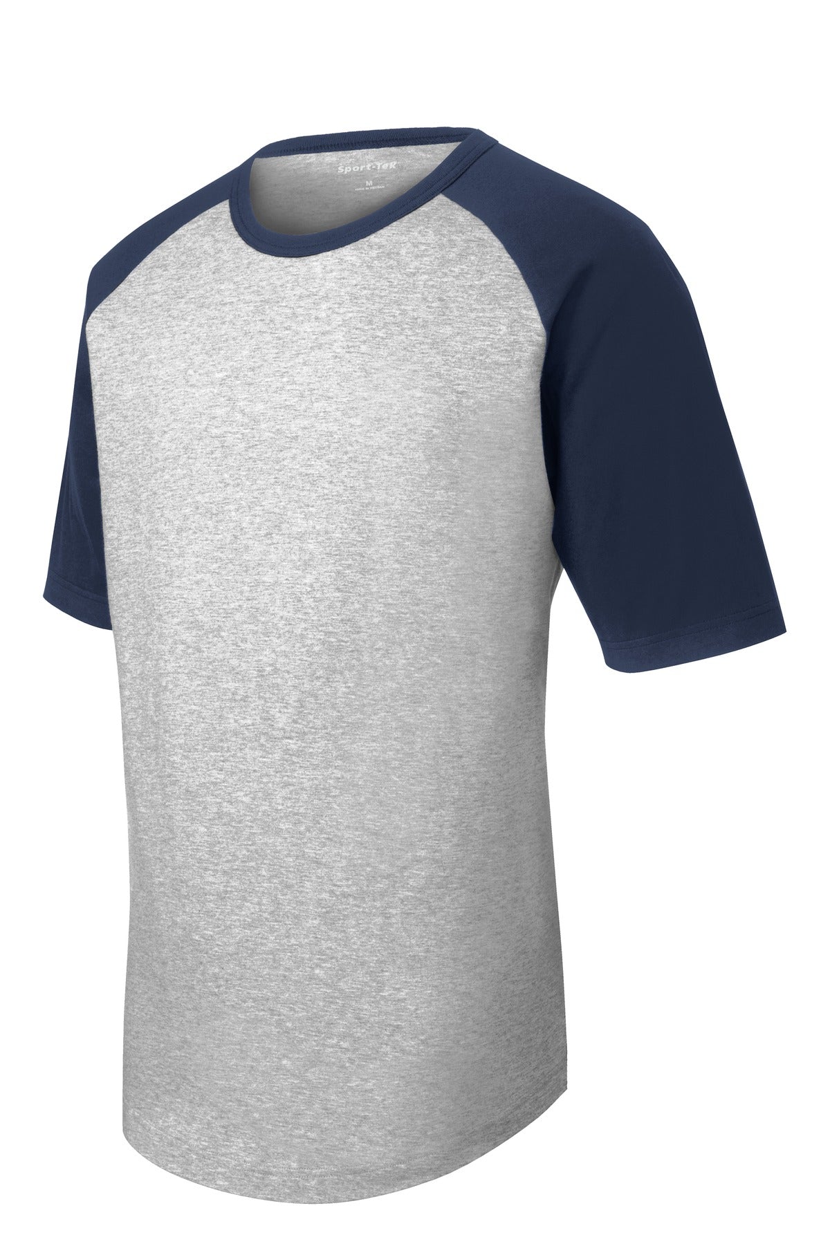 Front View of Grey He/Navy Sport-Tek Youth Short Sleeve Colorblock Raglan Jersey. YT201