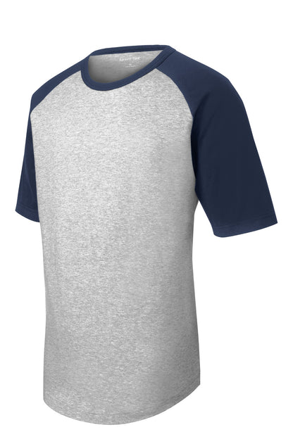 Front View of Grey He/Navy Sport-Tek Youth Short Sleeve Colorblock Raglan Jersey. YT201