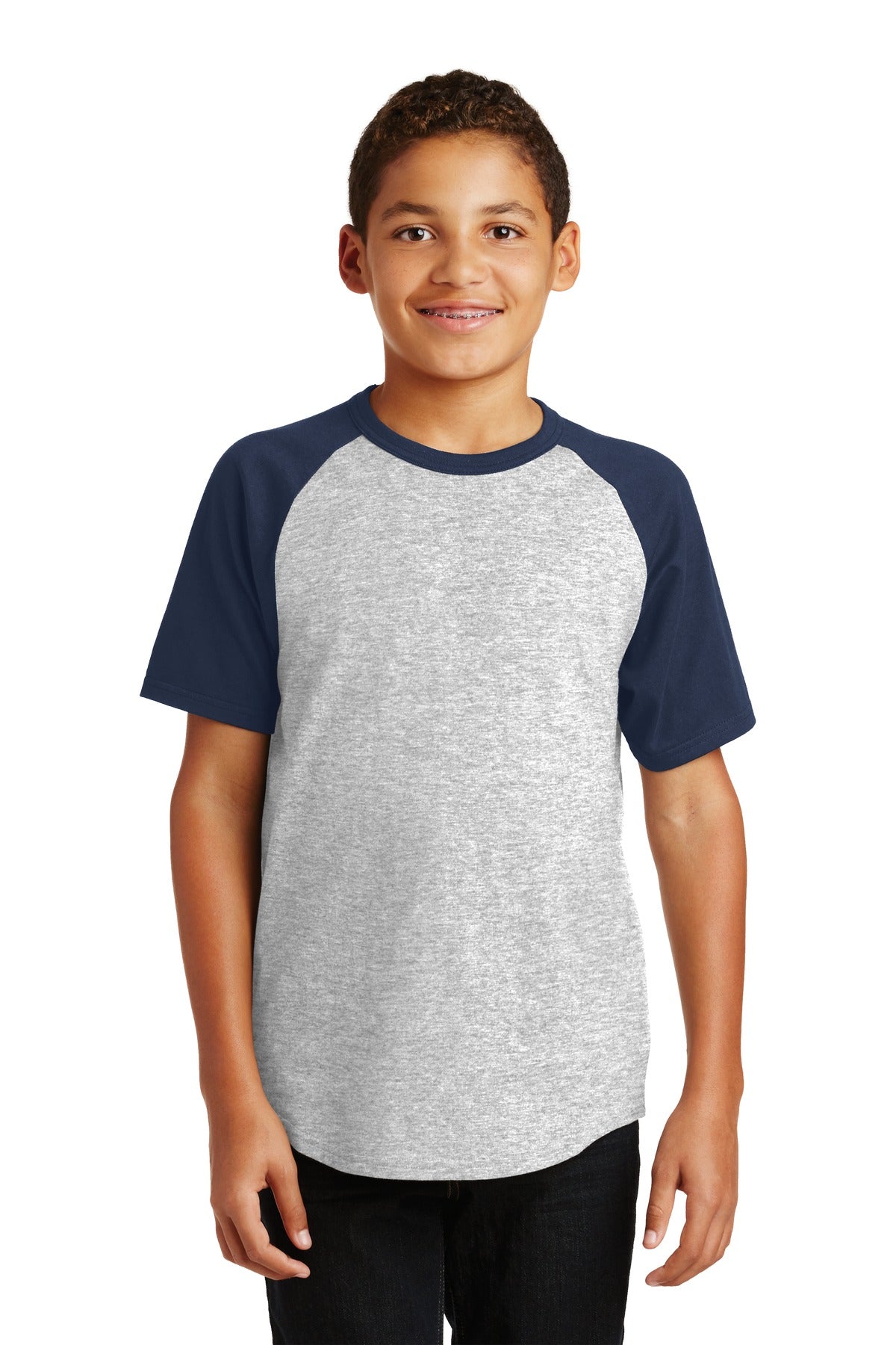 Front View of Grey He/Navy Sport-Tek Youth Short Sleeve Colorblock Raglan Jersey. YT201