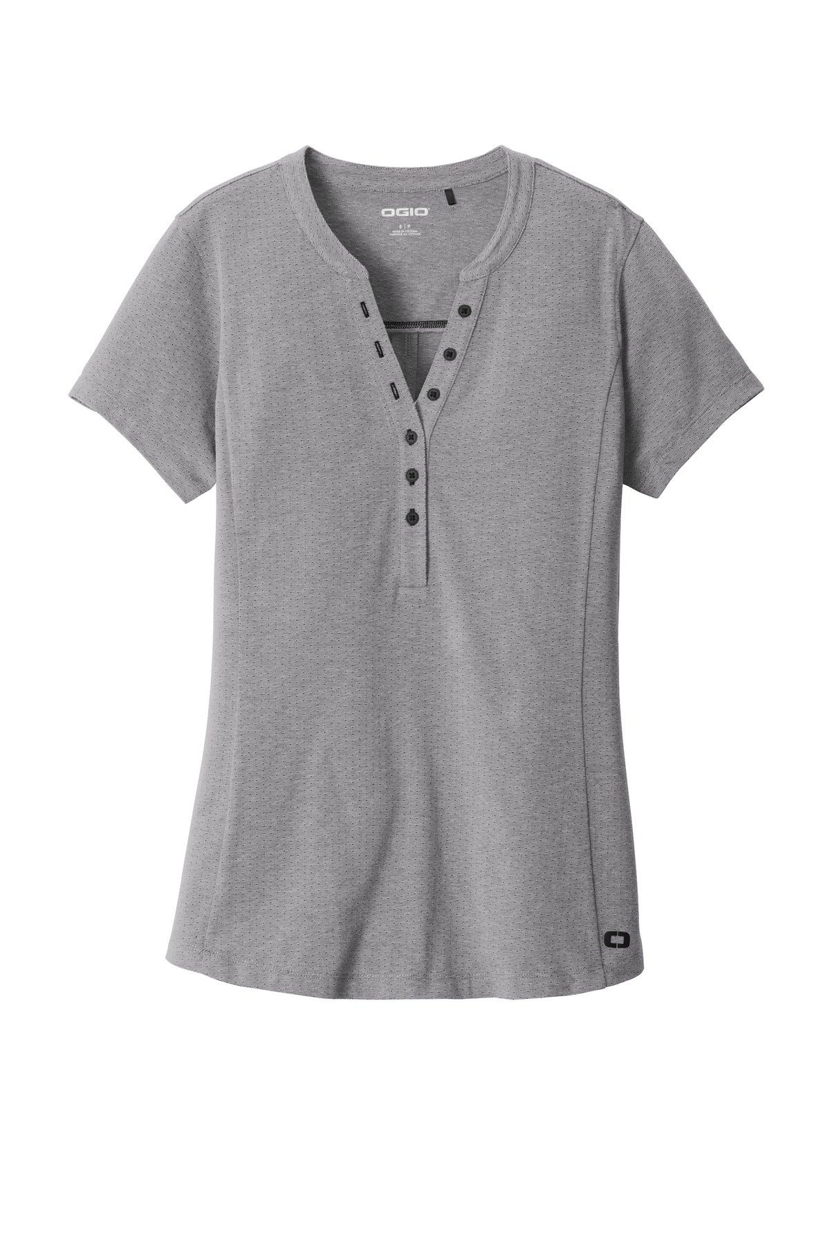 Front View of Grey Hthr OGIO Women's Tread Henley. LOG136