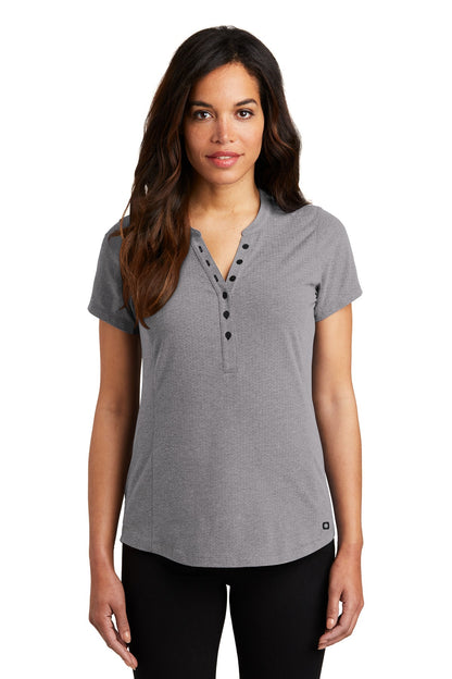 Front View of Grey Hthr OGIO Women's Tread Henley. LOG136