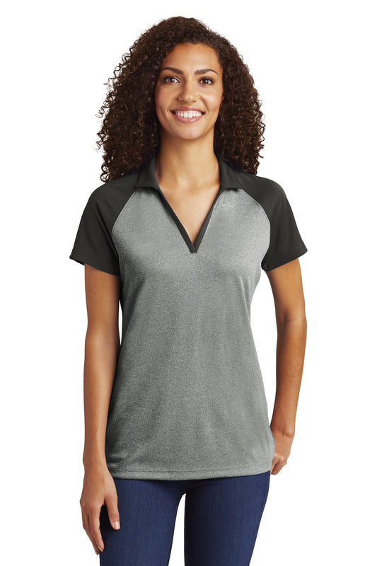 Front View of Grey Hthr/Blk Sport-Tek Women's PosiCharge RacerMesh Raglan Heather Block Polo. LST641