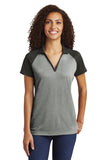 Front View of Grey Hthr/Blk Sport-Tek Women's PosiCharge RacerMesh Raglan Heather Block Polo. LST641