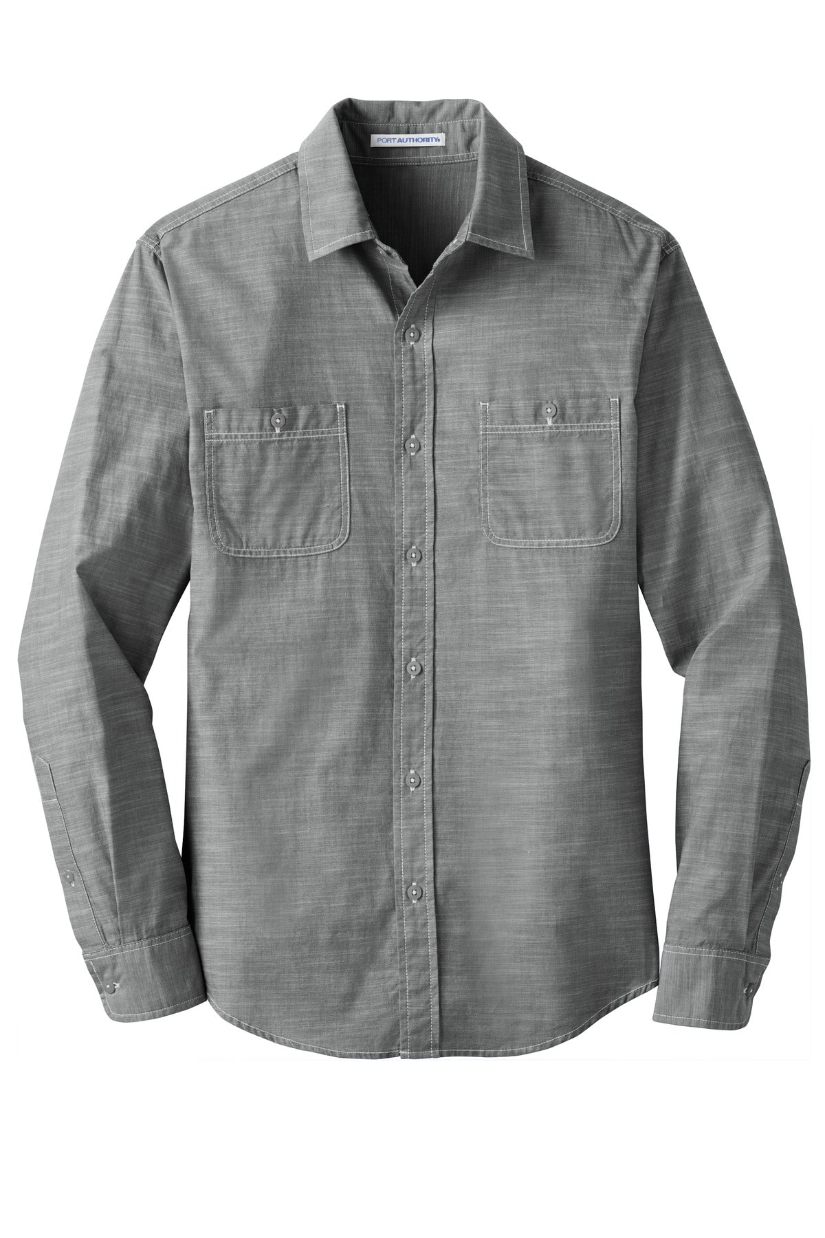 Front View of Grey Port Authority Slub Chambray Shirt. W380